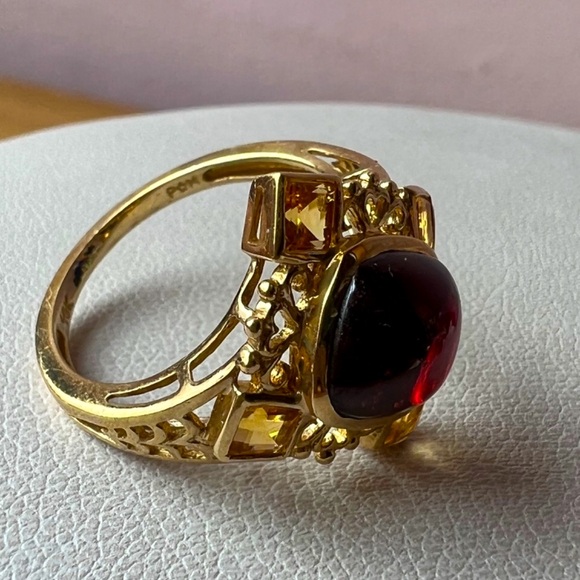 10K YELLOW GOLD CABOCHON GARNET AND CITRINE RING DESIGNER LOOK STATEMENT PIECE